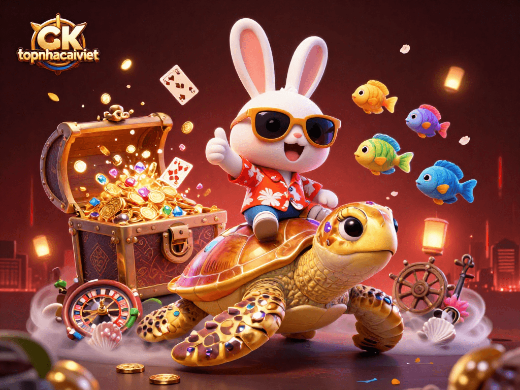 Enjoy thrilling gameplay at topnhacaiviet with a lucky rabbit and golden turtle in a vibrant casino illustration.