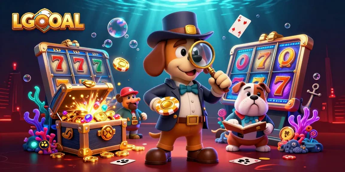 Experience high-stakes gameplay with LGOGOAL's vibrant casino scene featuring slot reels, poker elements, and character interaction.