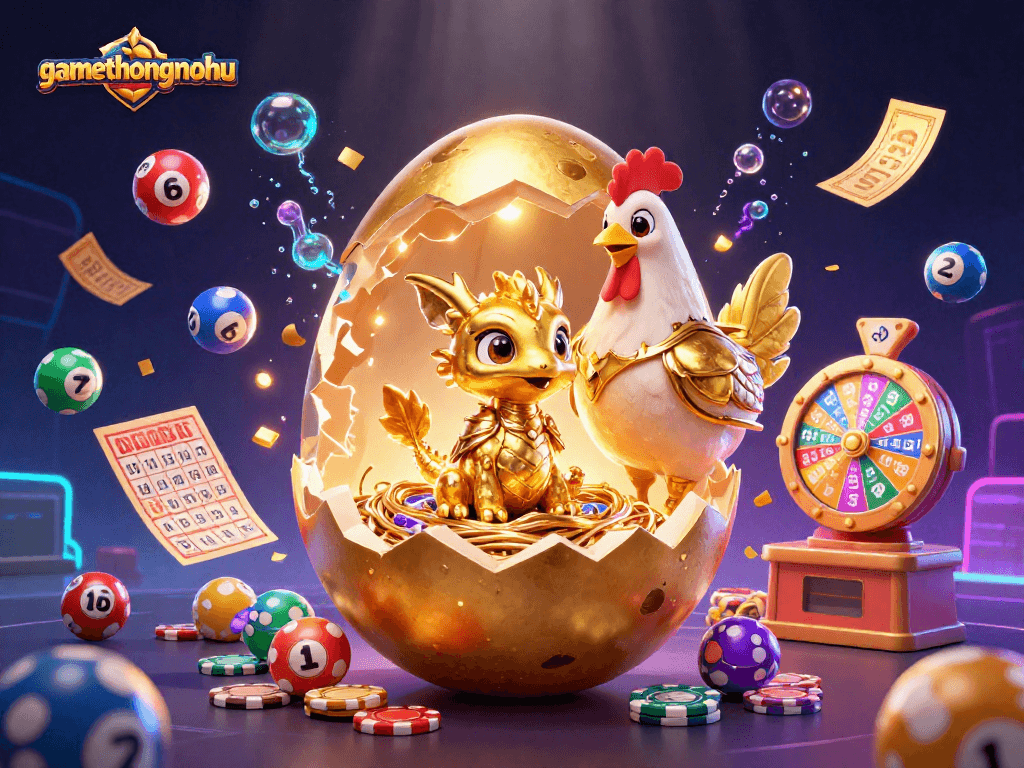 Experience the excitement of gamethuongnohu with a dazzling illustration of a golden egg dragon in a vibrant casino-themed scene.