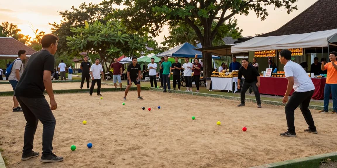 Kompetisi petanque komunitas di fopikotabalikpap.org saat matahari terbenam, suasana hangat dan sosial.