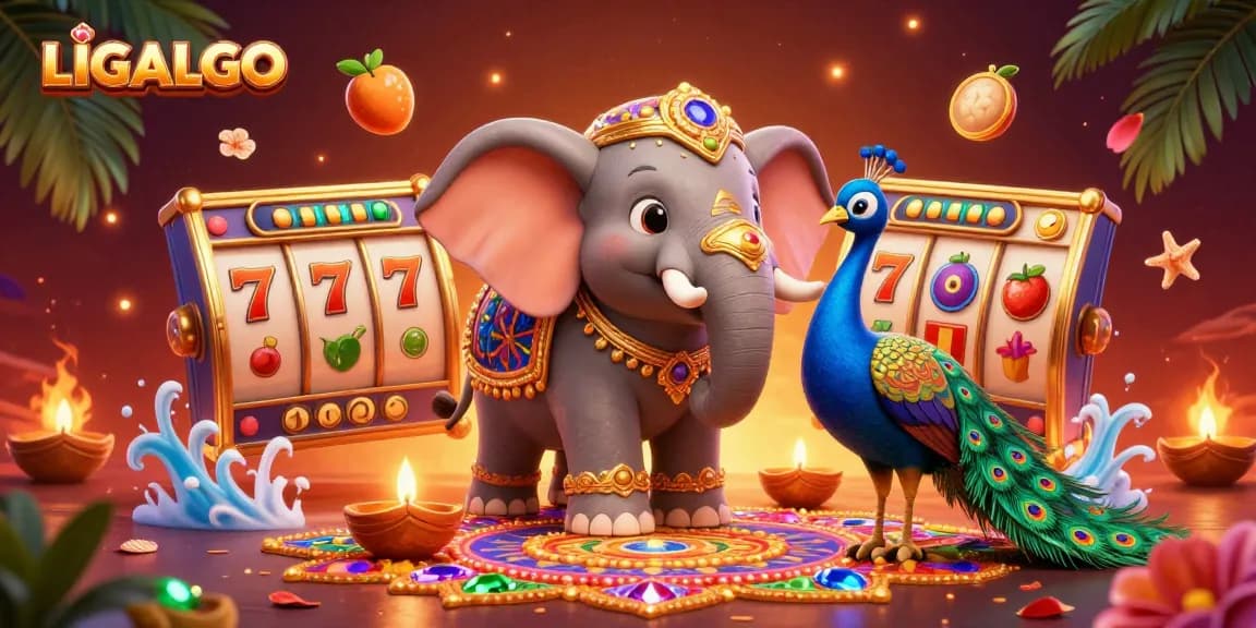 LIGALGO showcases exciting slot games in a vibrant 3D illustrated casino scene with animated elements.