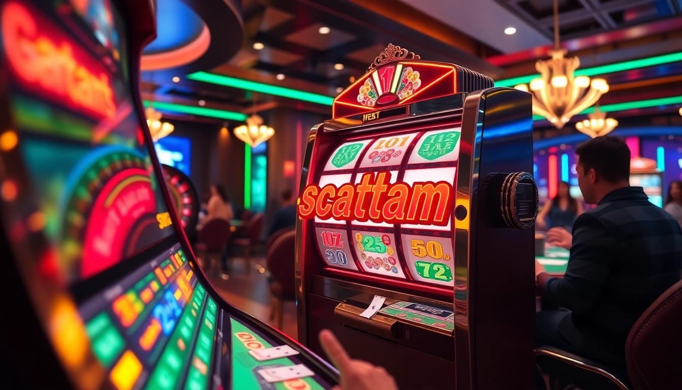 Experience the thrill of scatter hitam at a luxurious casino with vibrant slot machines and eager players.