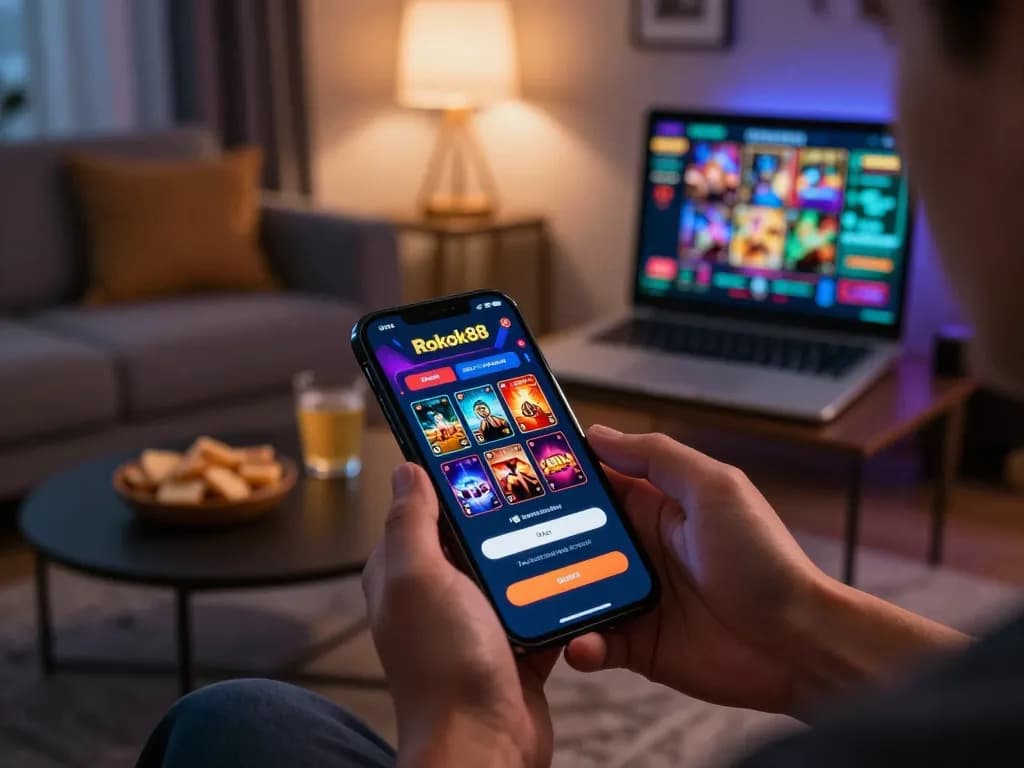 rokok88 login on smartphone highlighting online casino gaming experience, cozy living room setting