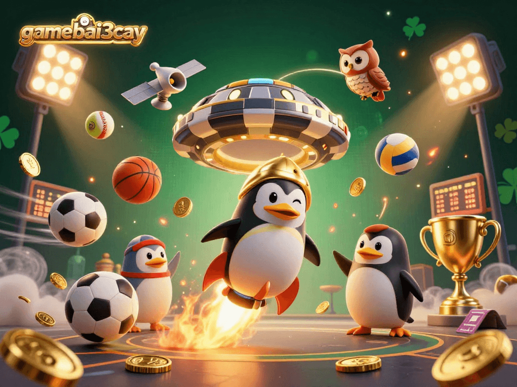 Experience gamebai3cay with a playful rocket-powered penguin navigating a vibrant casino space, surrounded by dynamic sports elements.