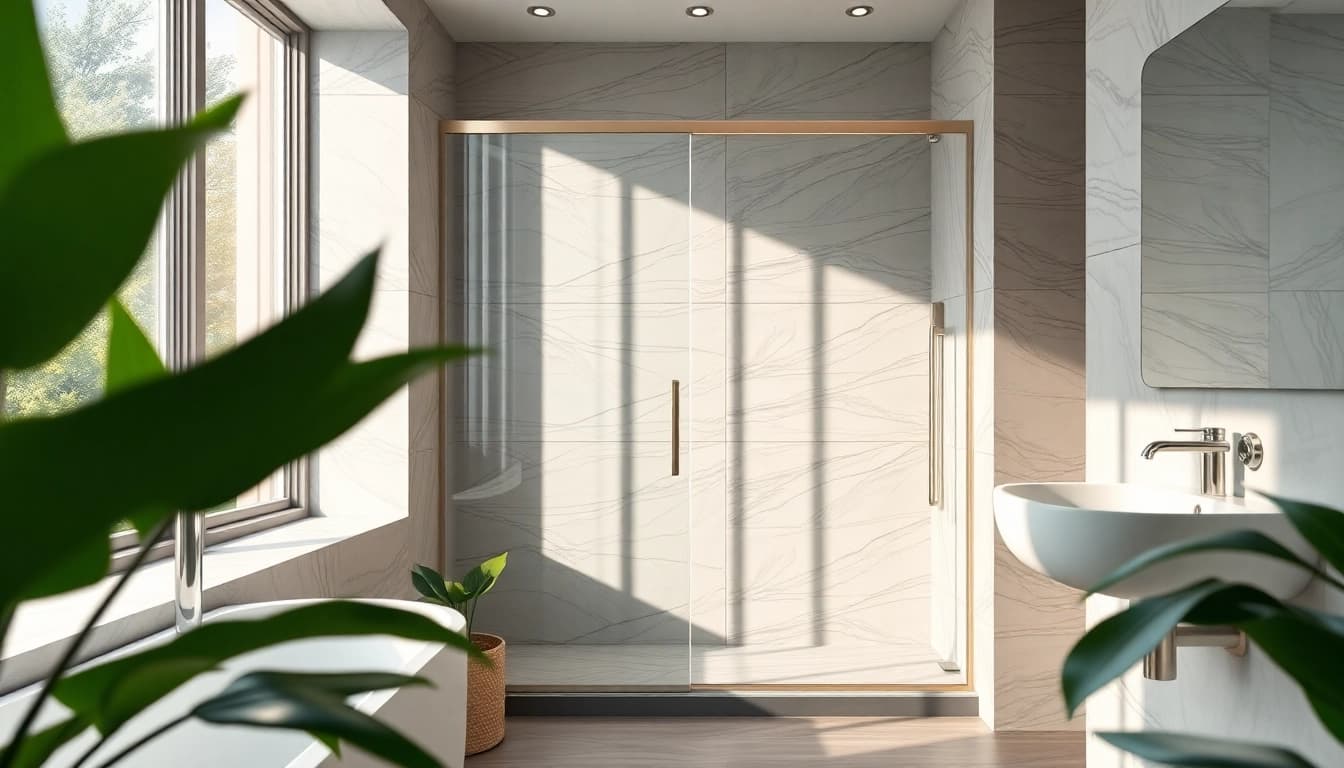 Browse elegant shower doors with sleek designs and luxurious finishes in a modern bathroom setting.