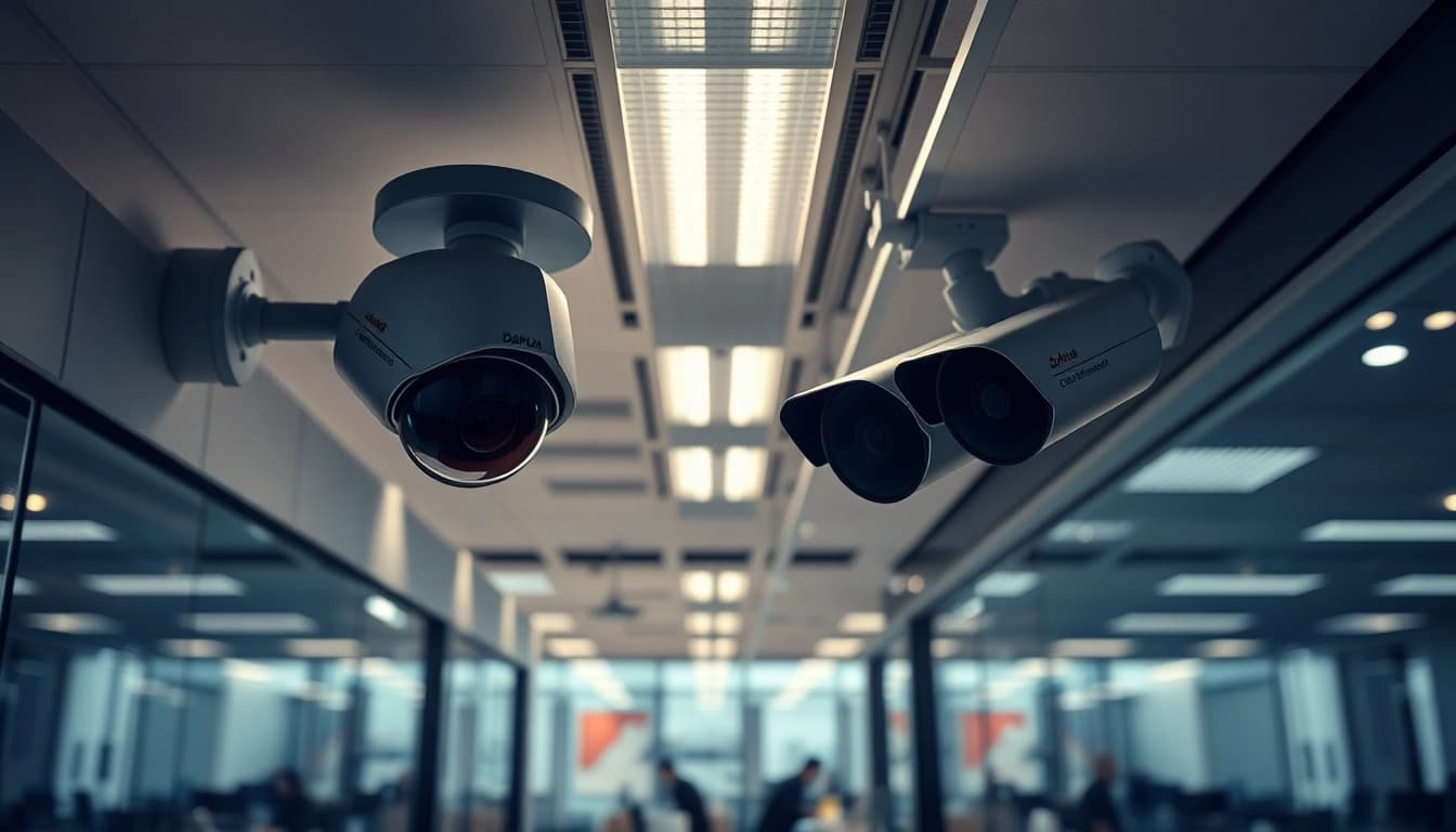 Cámaras Dahua instaladas en un entorno empresarial moderno, que muestran tecnología de seguridad avanzada.