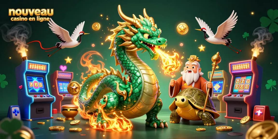 Profitez d'une expérience immersive dans un nouveau casino en ligne, illustrée par un dragon majestueux et une tortue sage.