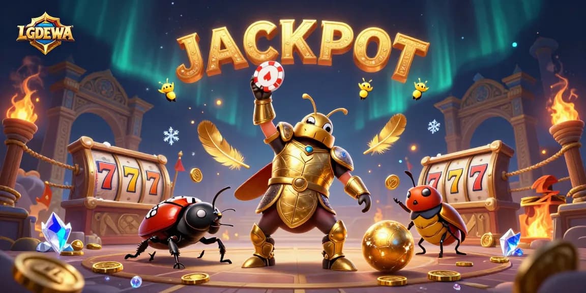 Spin and win at LGODEWA with a victorious beetle lifting a poker chip amidst casino elements.