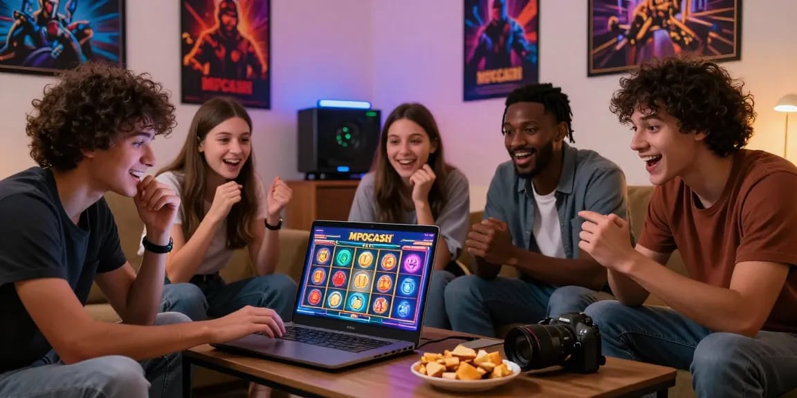 Friends enjoying MPOCASH online slots in a vibrant living room, showcasing excitement and camaraderie.