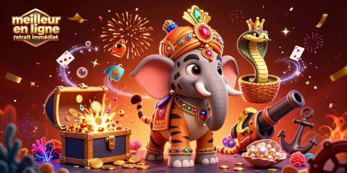 Illustration du meilleur casino en ligne retrait immédiat montrant un tigre maharaja et un éléphant unique.