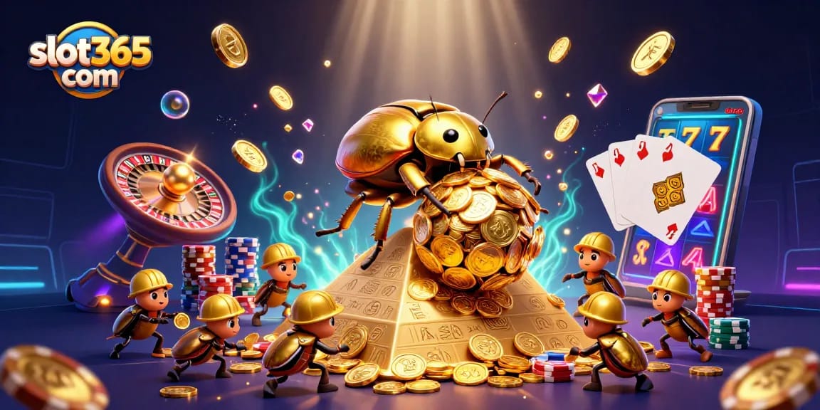 Experience winning thrills with slot365 com as a golden beetle rolls coins in a vibrant casino.