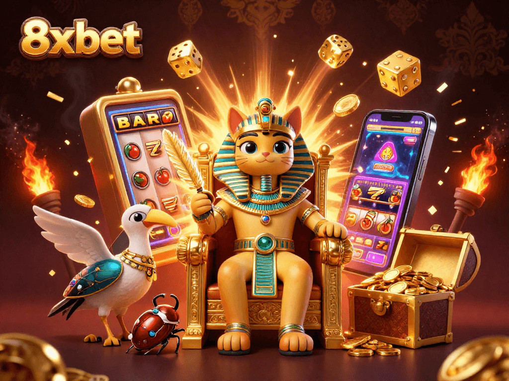 Experience 8x bet's thrilling casino adventure with a cartoon Egyptian pharaoh and jackpot treasures.