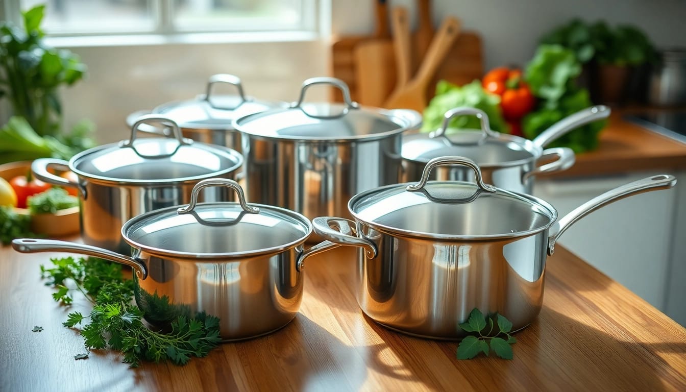 Showcase of stainless steel cookware NZ on a kitchen countertop with fresh vegetables and herbs.