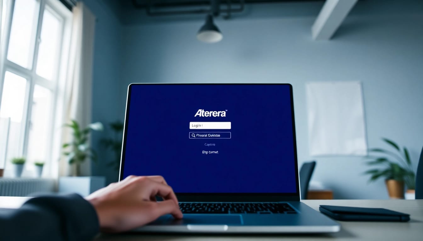 Atera login page displayed on a laptop, focusing on a user accessing their account securely.