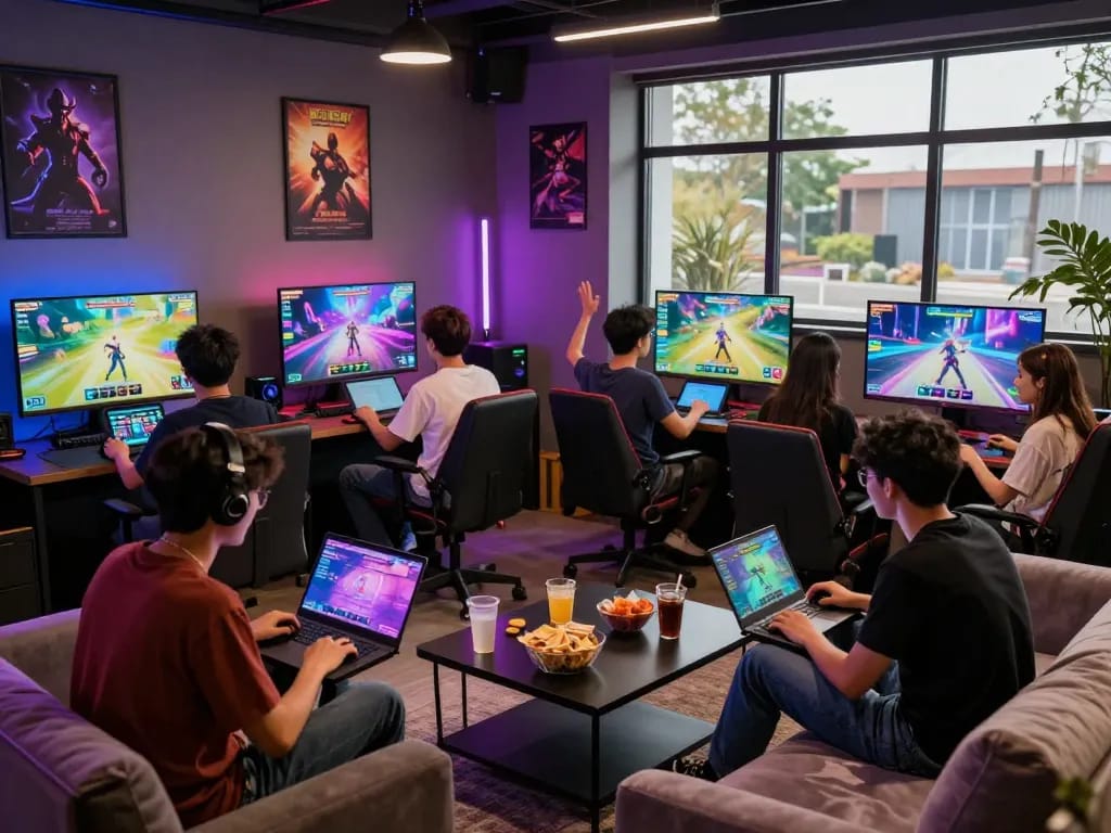 Diverse friends enjoying a free porn game in a vibrant adult gaming lounge