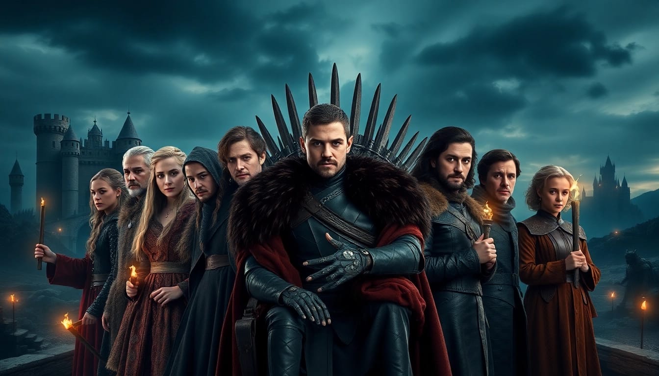 Highlighting key figures from the game of thrones cast in a dramatic fantasy setting.