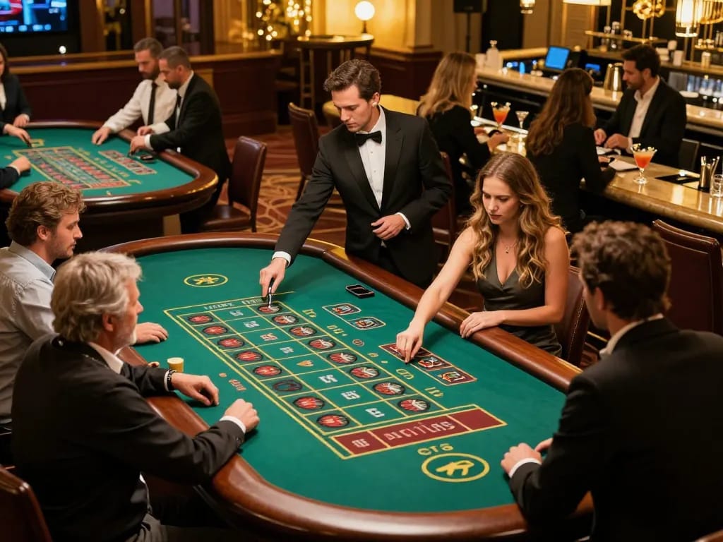 Pemain Toto Macau terlibat dalam taruhan strategis di meja roulette yang meriah di tengah suasana kasino yang mewah.
