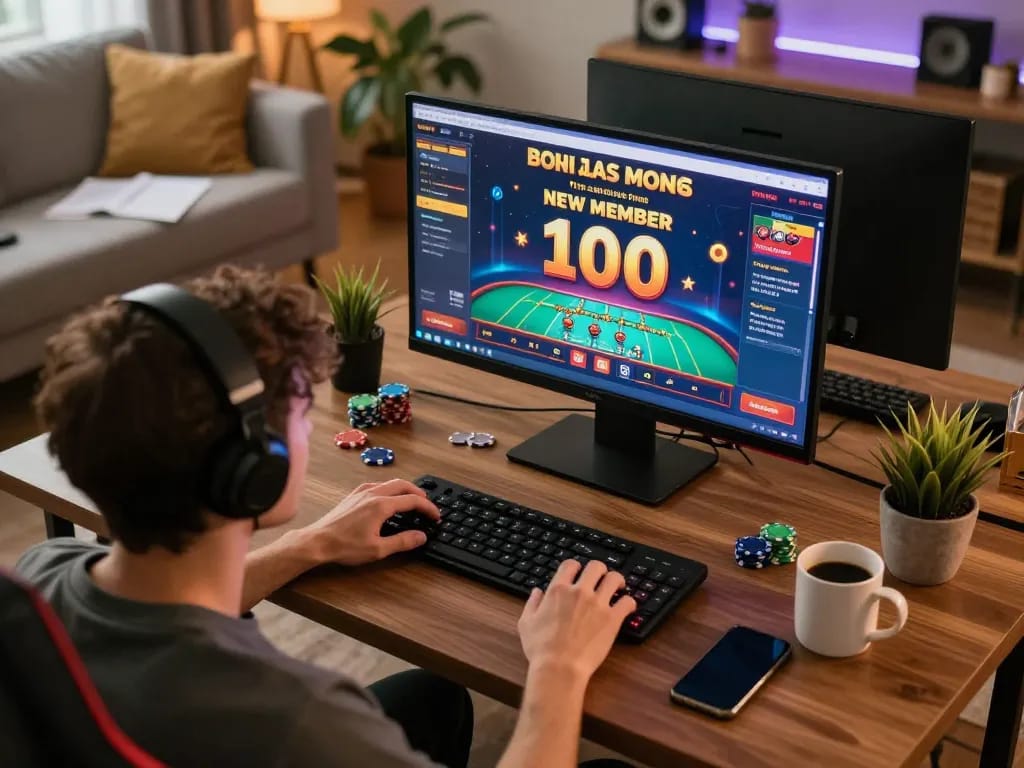 Engaging home online gaming session for bonus new member 100 promotion with focused player and casino interface.