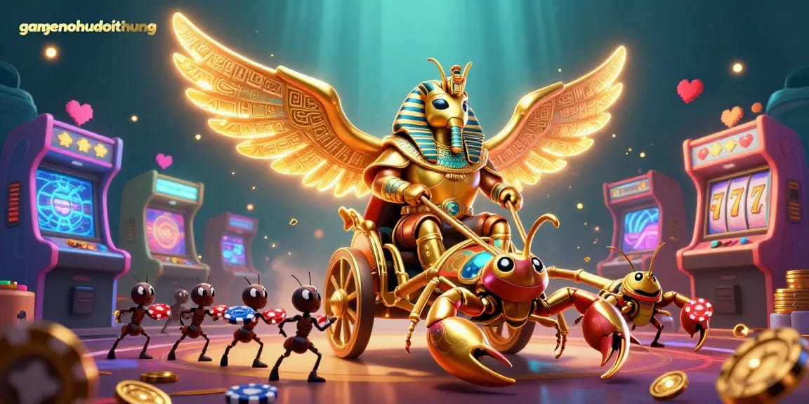 Engage in thrilling gaming action with gamenohudoithuong as a majestic scarab beetle leads the way.