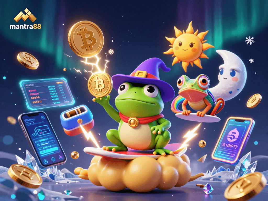 Engage with mantra88 for thrilling gaming as a wizard frog conjures golden coins.