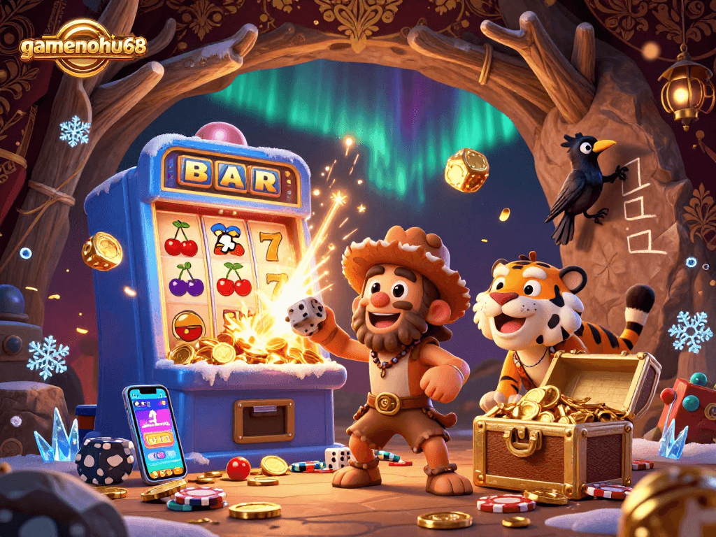 Join the excitement at gamenohu68 with a lively prehistoric casino scene featuring animated characters and dynamic game elements.