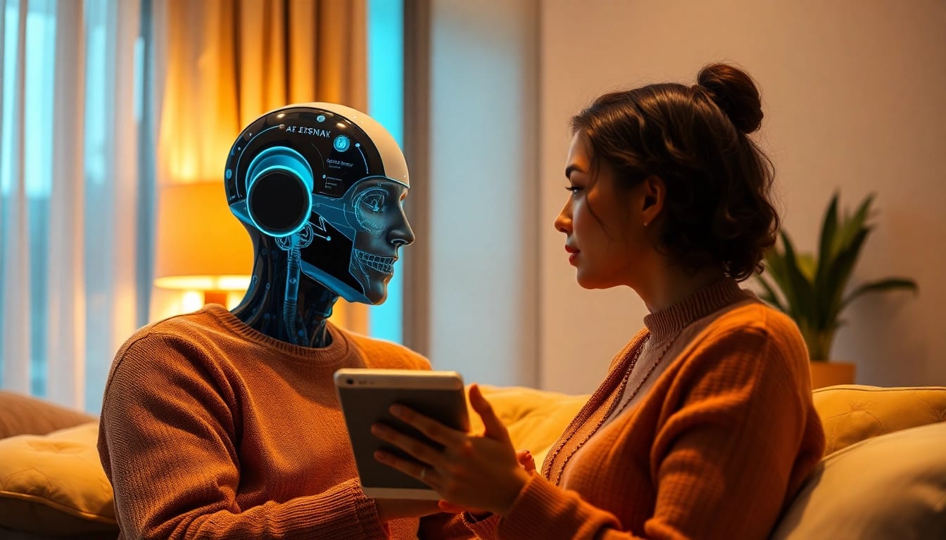 Engaging ai sex technology in a cozy modern setting with a digital companion.