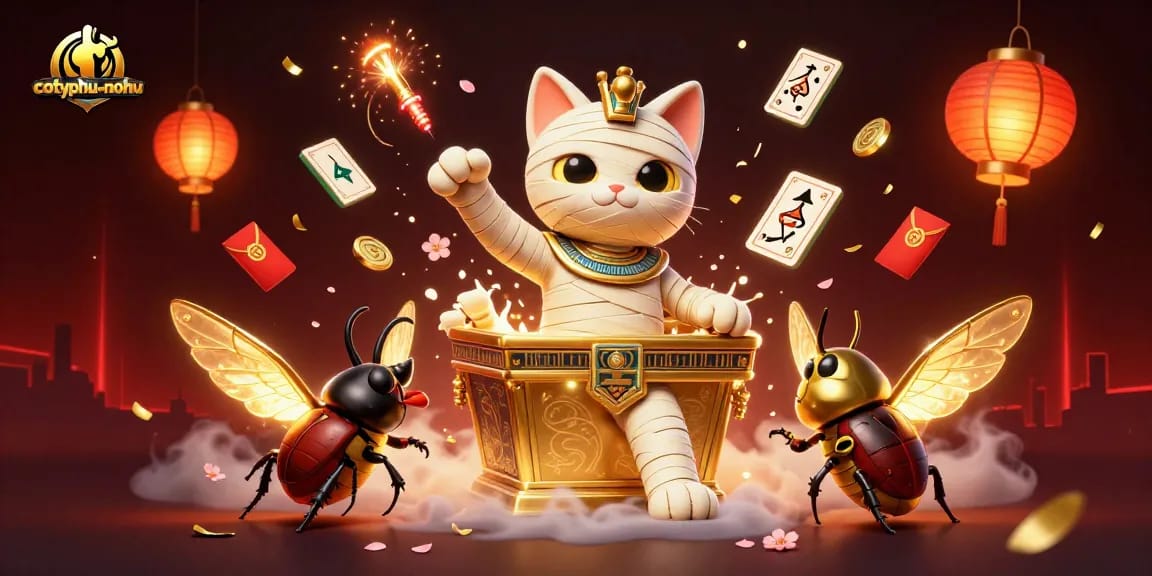 Engage in action-packed gameplay with cotyphu-nohu as the thrilling Egyptian mummy cat and scarab beetle unite in a pyramid casino.