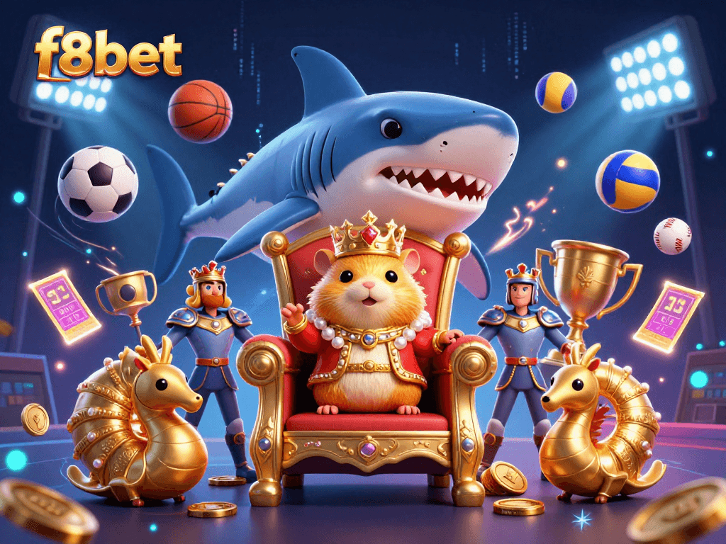 Experience thrilling sports action with the f8bet mascot, a golden hamster king in a playful casino scene.