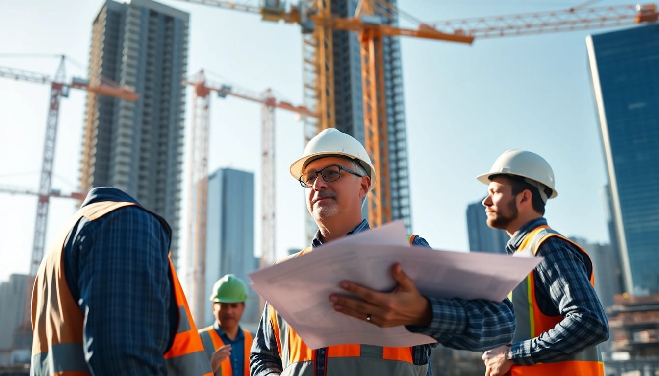 Manhattan Construction Manager instructing a team at a major urban construction site in NYC.