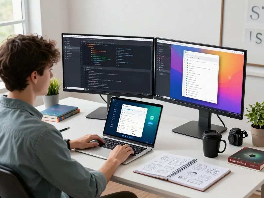 Developer working on Telegram 电脑版 software at a modern desk with dual monitors in a bright tech workspace.