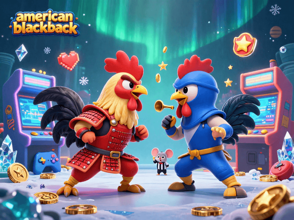 Engage with american-blackjack in a dynamic showdown between roosters in colorful casino-themed environment.