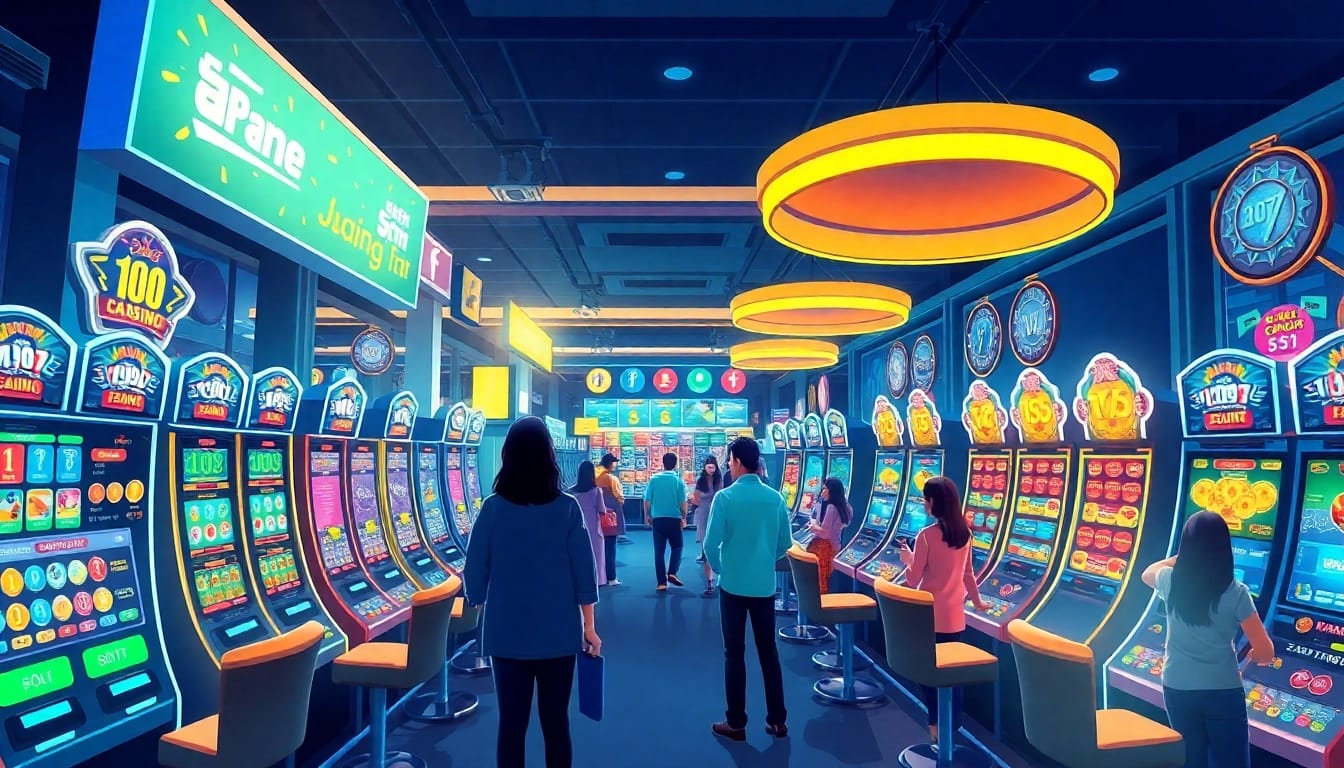 Exciting scene of a vibrant online gaming portal F168 with colorful slot machines and enthusiastic players.