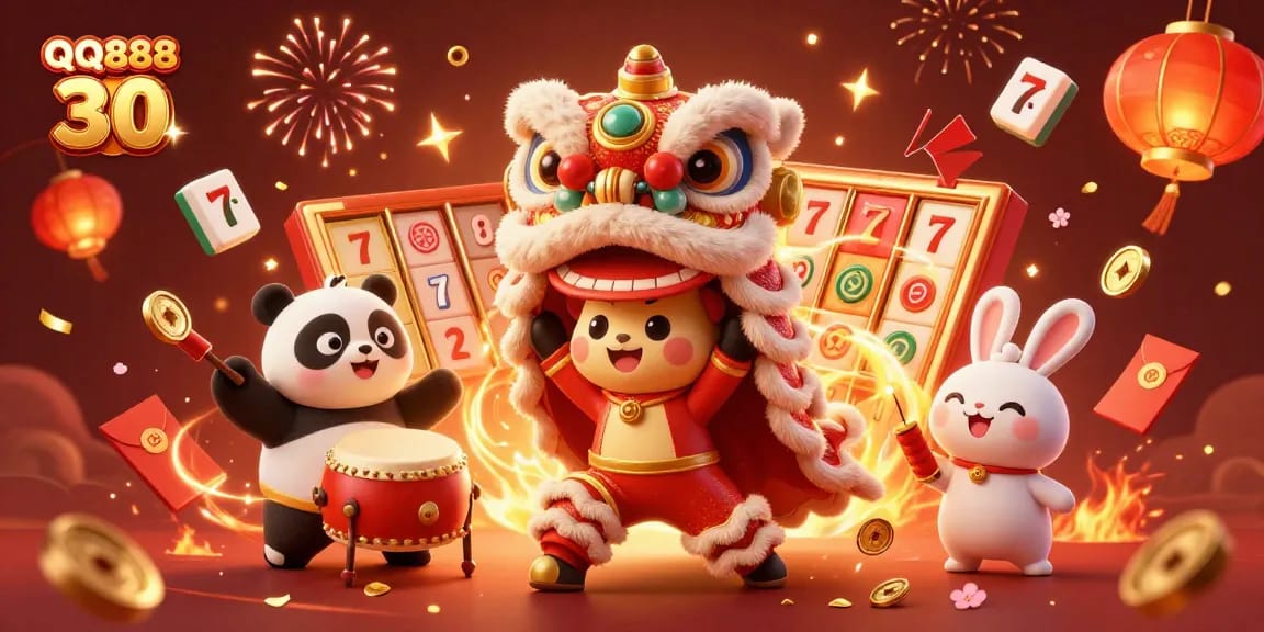 Join the celebration at QQ888 30 with vibrant visuals of slot games, lucky symbols, and festive characters.