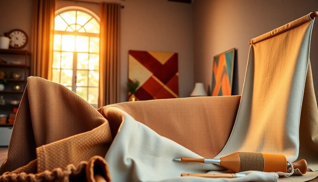 Canvas stoffen veelzijdig gepresenteerd in een stijlvolle thuisomgeving met warme verlichting.