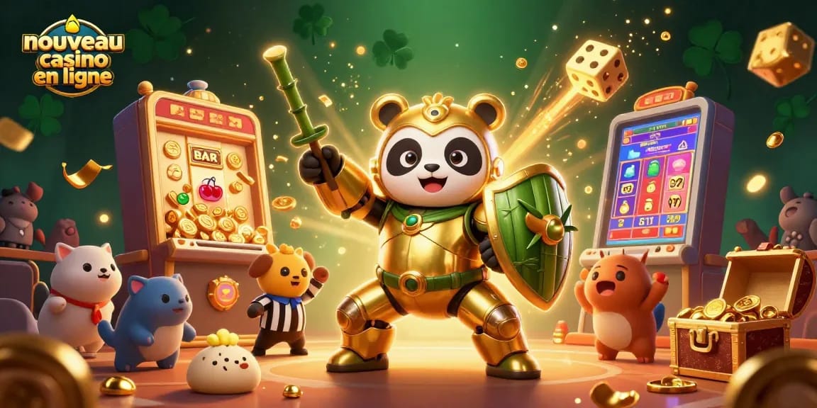 Le nouveau casino en ligne présente une scène dynamique avec un panda doré dans un robot de combat, entouré de jeux d'argent.