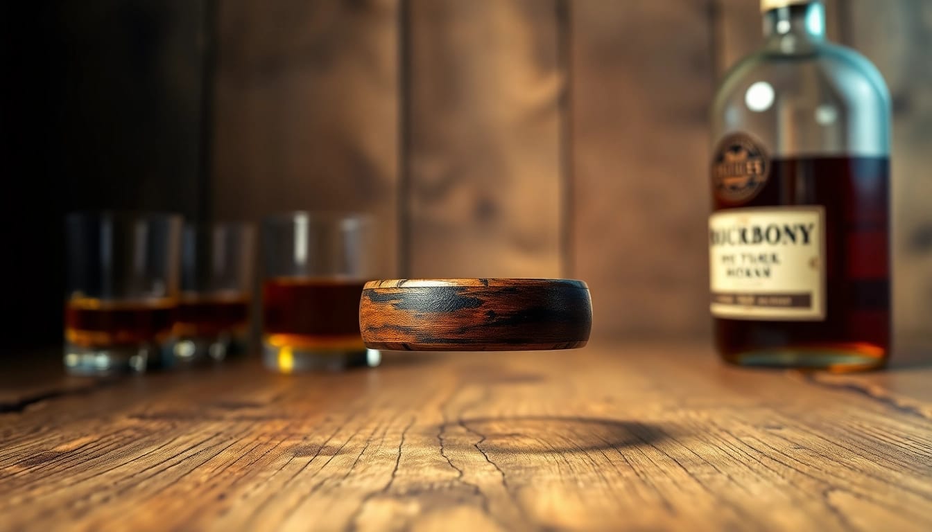 Exquisite whiskey barrel wedding bands showcasing unique wood grain patterns against a rustic backdrop.