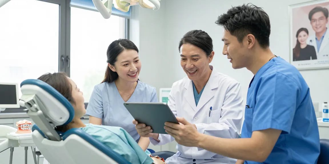 Surgical orthodontics Hawthorn team consulting in modern clinic with patient.