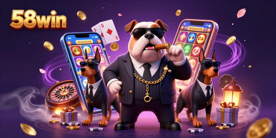 Bet big with 58win as a mafia boss bulldog oversees thrilling slot games and poker action.