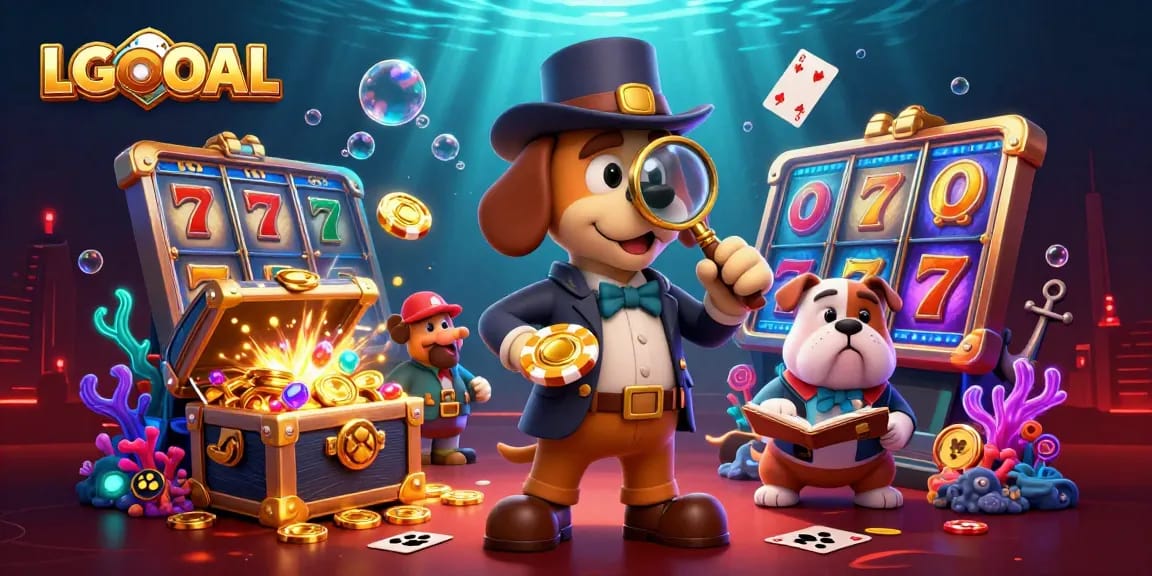 Experience high-stakes gameplay with LGOGOAL's vibrant casino scene featuring slot reels, poker elements, and character interaction.