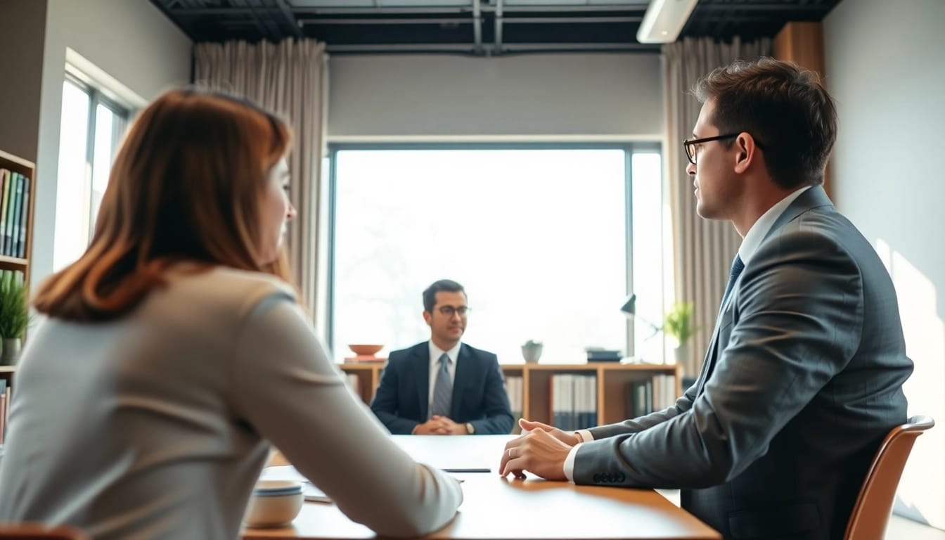 Engaged intellectual property lawyer consulting with a client in a bright office setting.