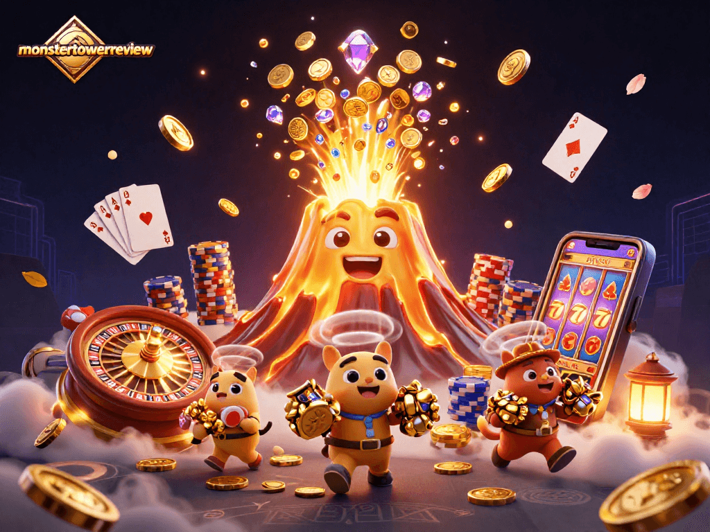 Experience the excitement of monster tower review with animated treasures and gaming action.