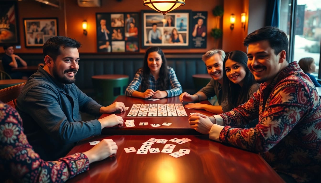 Enjoying a lively game of Ok Rummy with friends at a cafe, featuring vibrant cards and joyous interactions.