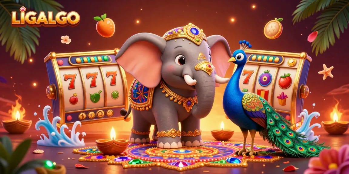 LIGALGO showcases exciting slot games in a vibrant 3D illustrated casino scene with animated elements.