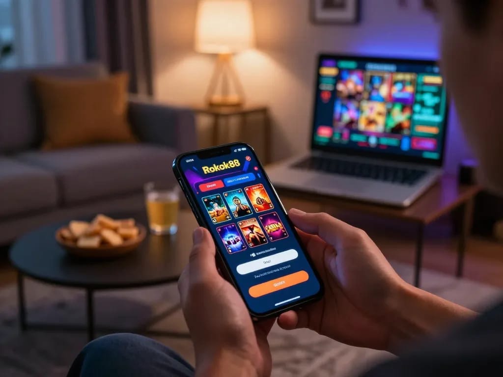 rokok88 login on smartphone highlighting online casino gaming experience, cozy living room setting