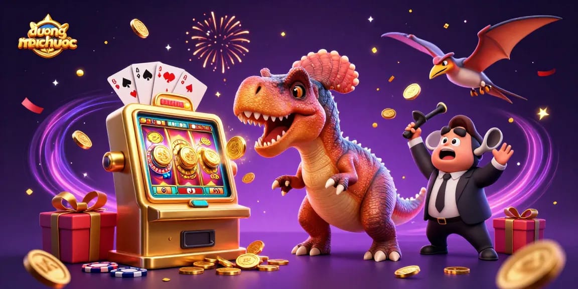 duongmatchuoc game in a vibrant casino scene with dinosaurs and golden coins