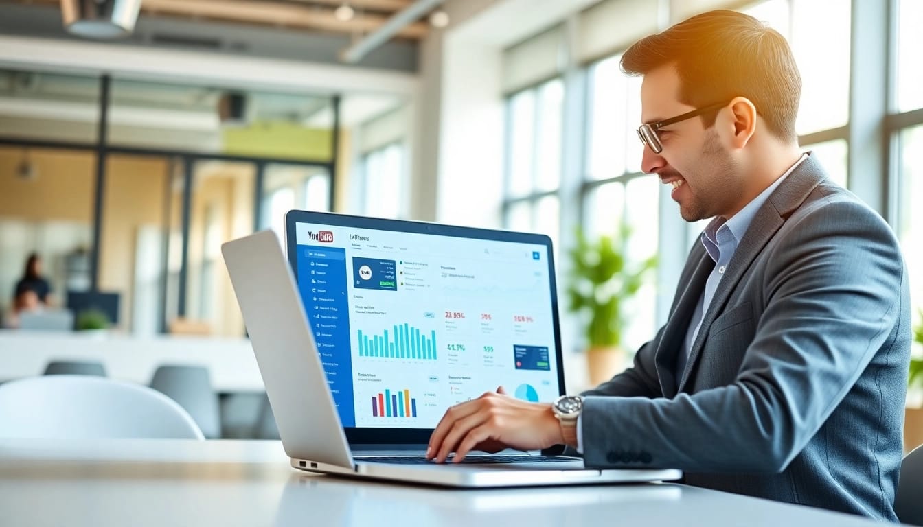 Analyze the best features of a youtube smm panel interface on a laptop in a modern office.