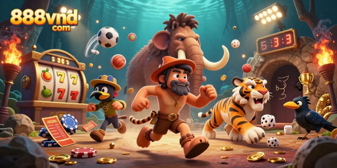 Engage in thrilling gameplay at 888vnd com with friends in a vibrant prehistoric casino environment.