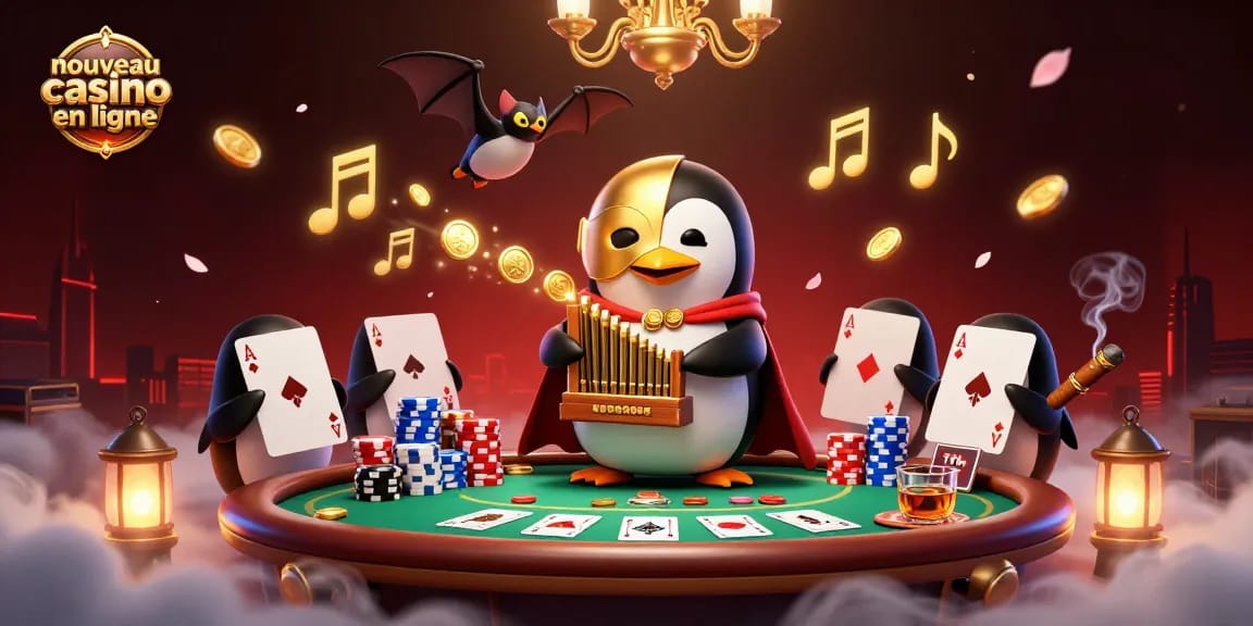 Le nouveau casino en ligne dévoile un spectacle dynamique avec un pingouin jouant sur un orgue, entouré de jetons de poker.