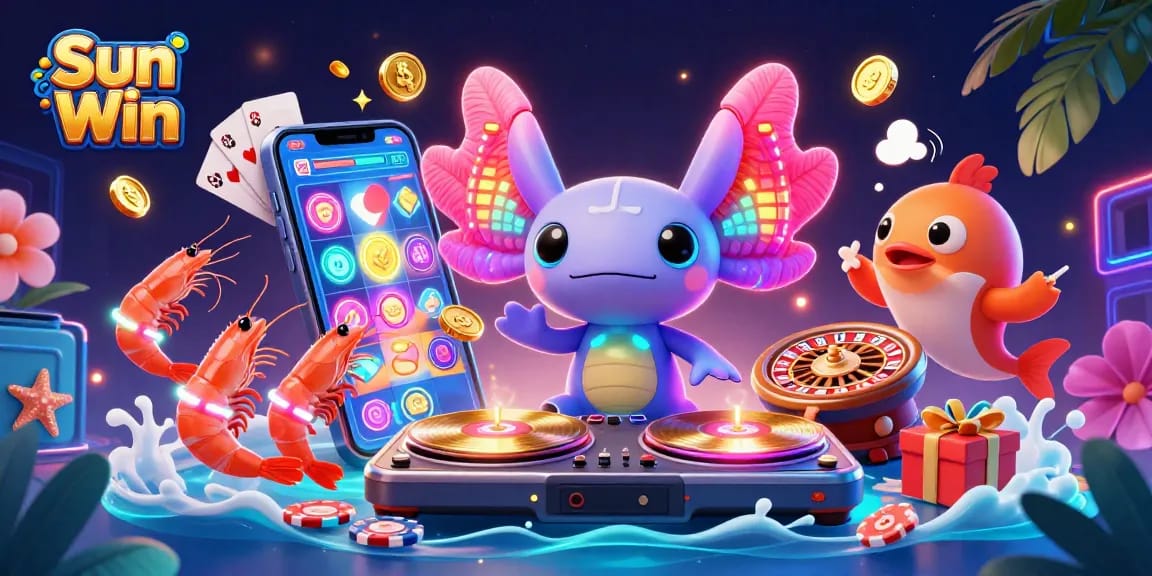 Spin to win with Sun Win: vibrant axolotl DJ and friends celebrating in an underwater casino scene.
