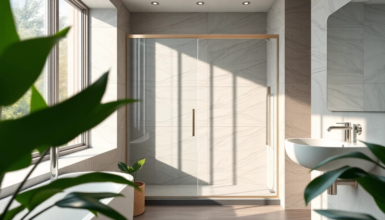 Browse elegant shower doors with sleek designs and luxurious finishes in a modern bathroom setting.